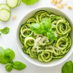 Overhead view of zucchini noodles with pesto and toppings in a white bowl