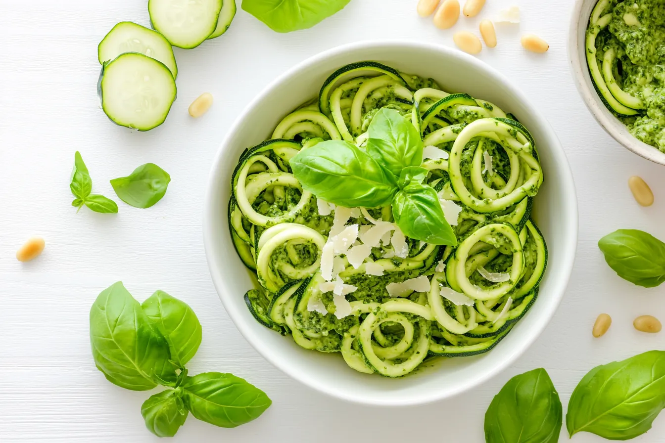 Overhead view of zucchini noodles with pesto and toppings in a white bowl