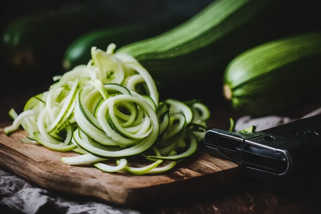 Fresh raw zucchini noodles on a board with spiralizer tool next to them