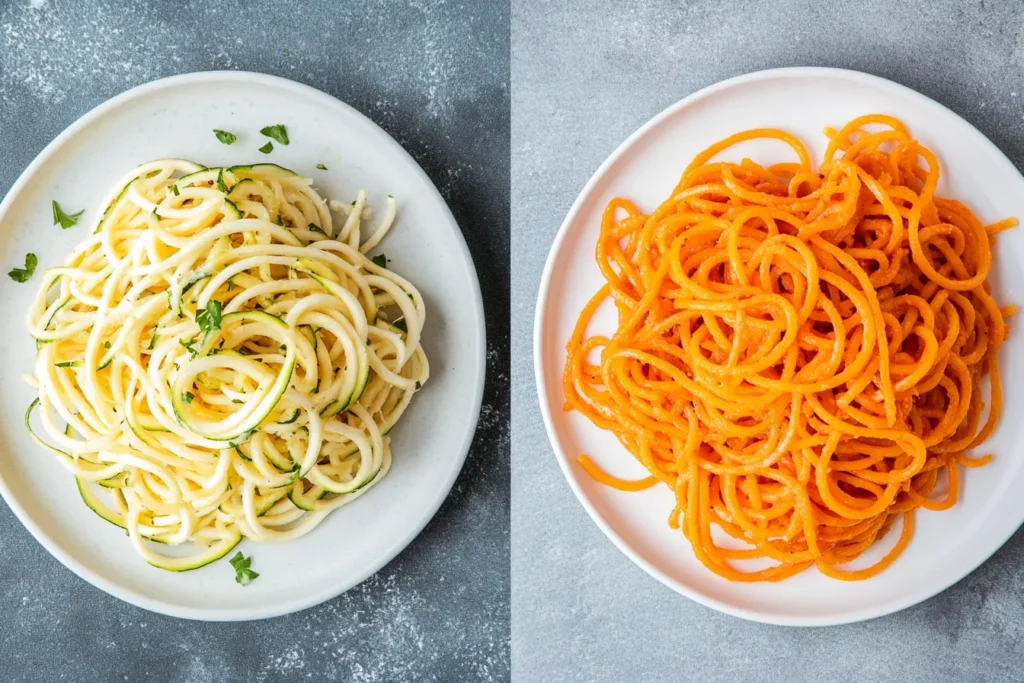 Visual comparison of zucchini noodles and regular pasta side by side